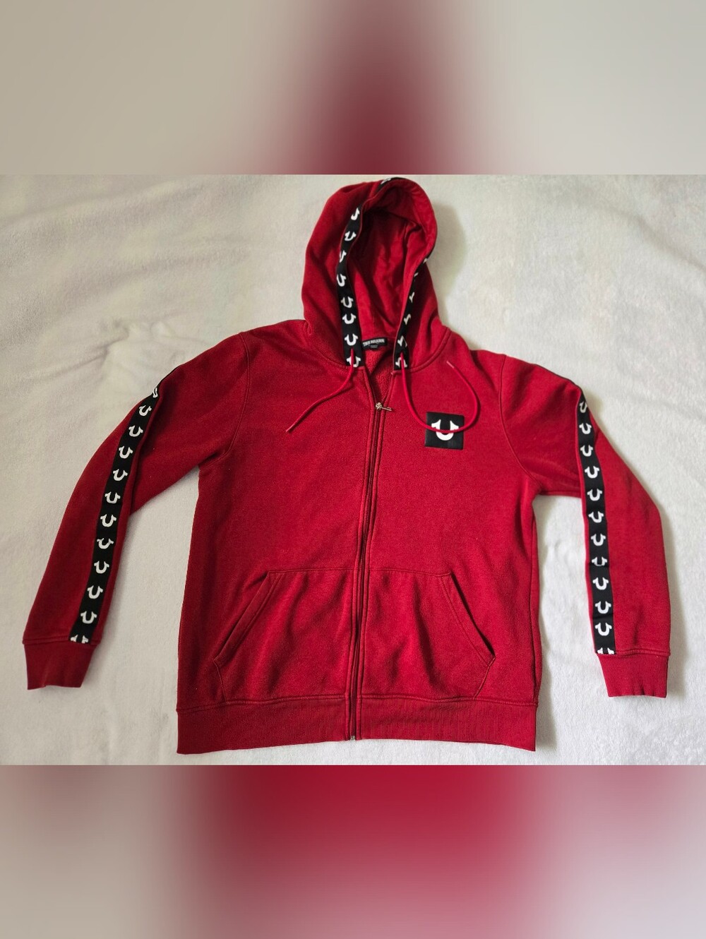 True Religion Red Zip-Up Hoodie with Logo Tape